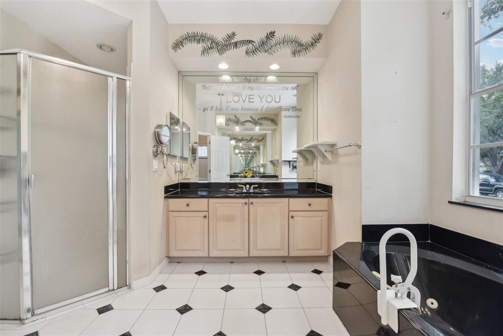 Primary Bath, Marble Countertops, Double Vanity, Jetted Garden Tub and Separate Stand-up Shower