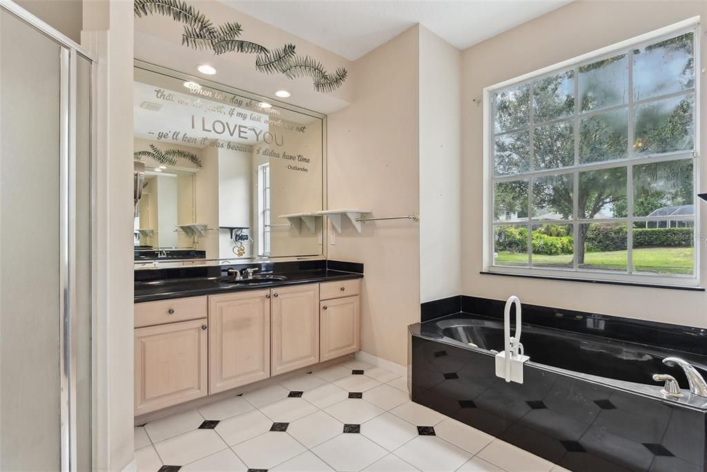 Primary Bath, Marble Countertops, Double Vanity, Jetted Garden Tub and Separate Stand-up Shower