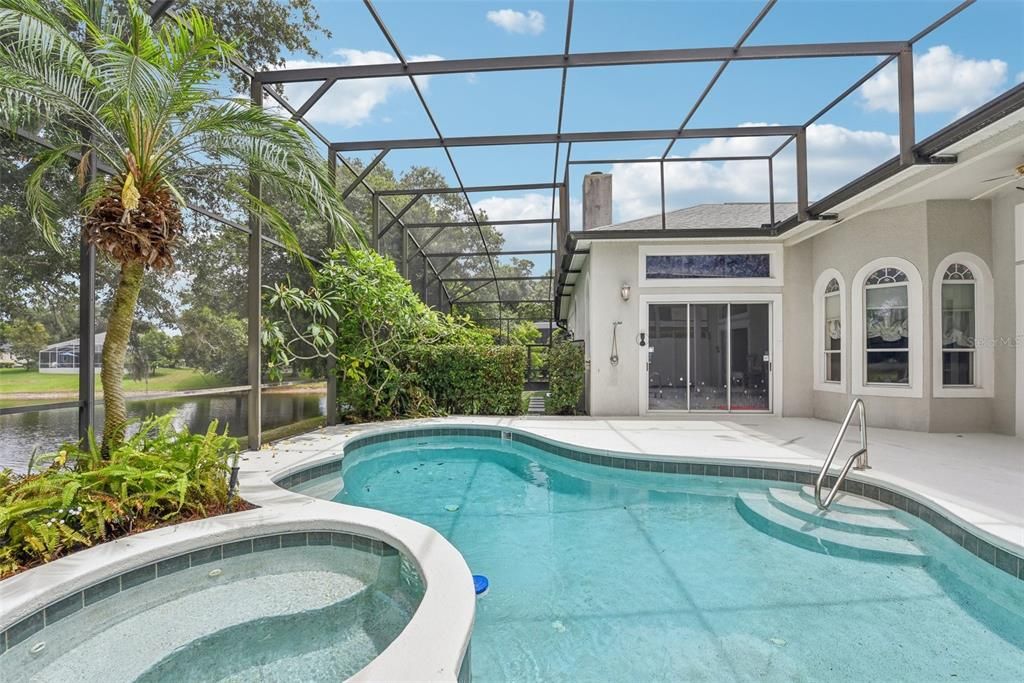 OVERSIZED POOL AREA with JACUZZI, OUTDOOR SHOWER and OUTDOOR KITCHEN