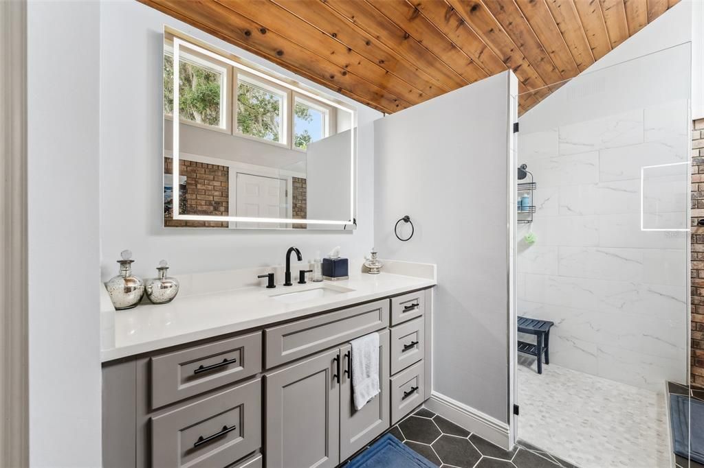 Large vanity with LED mirrors and walk in shower