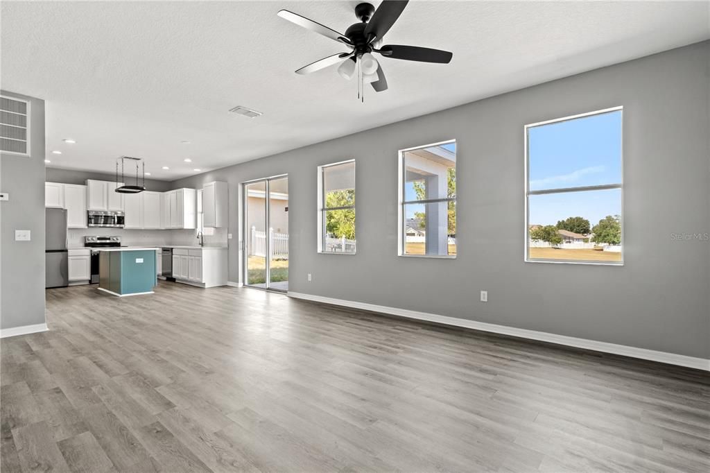 family room view to kitchen