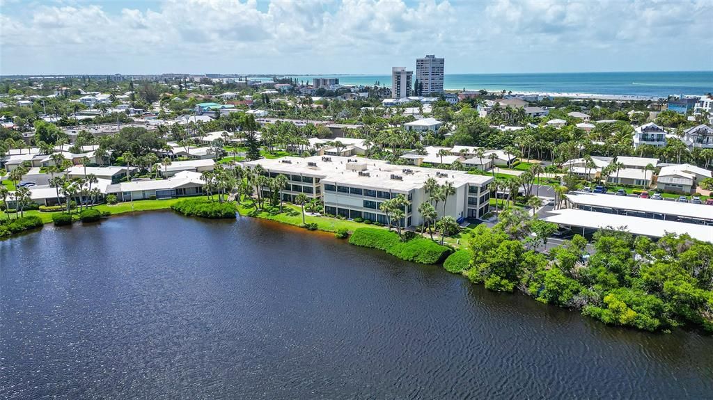 View of the building from the lagoon.