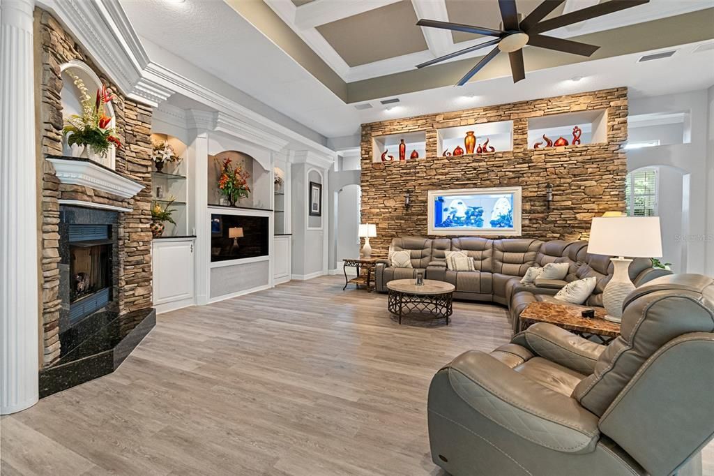 Family Living Room w/Stacked Stone Wall