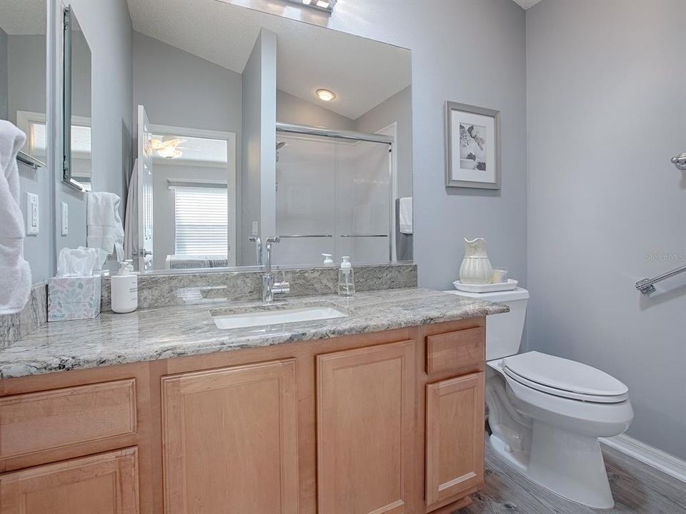 LOVELY BATH WITH GRANITE COUNTER TOPS, NEW FAUCET, AND FIXTURES.