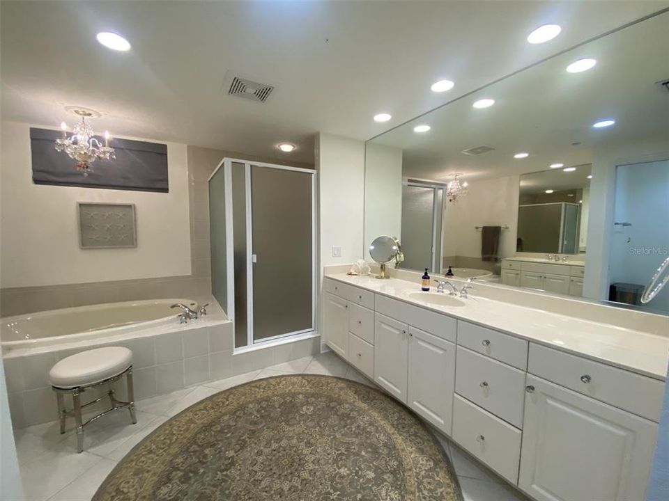 Very spacious primary bath with two large vanities, separate tub and shower and commode room