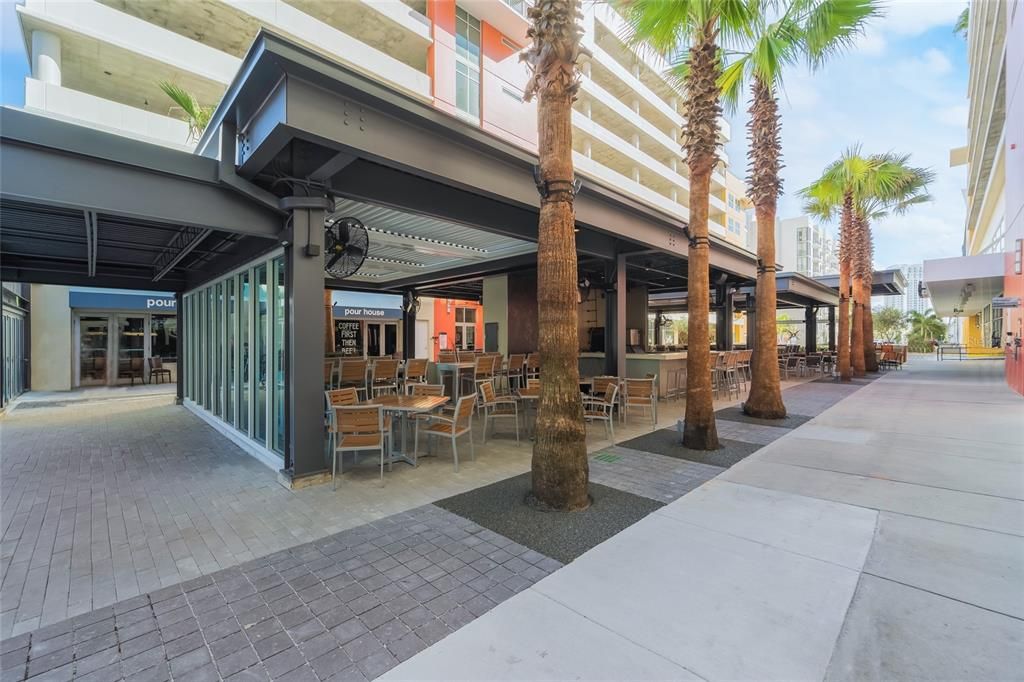 Shops and restaurants located in the courtyard of the complex.