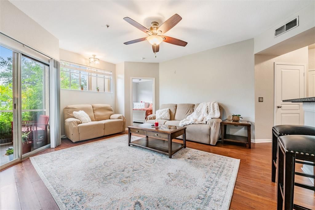 Family Room open to the kitchen, lots of sunlight, ceiling fan with light