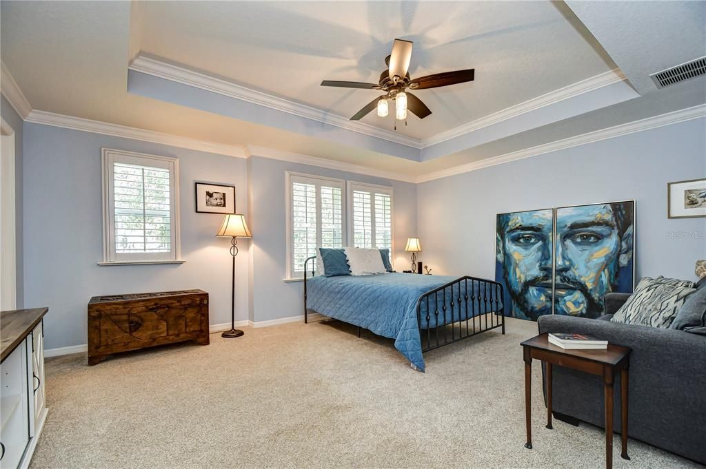 Primary suite with tray ceiling & plantation shutters!