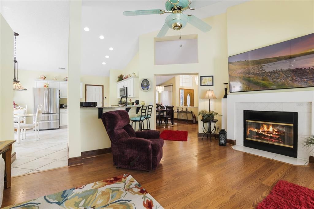 Family room with double sided fireplace