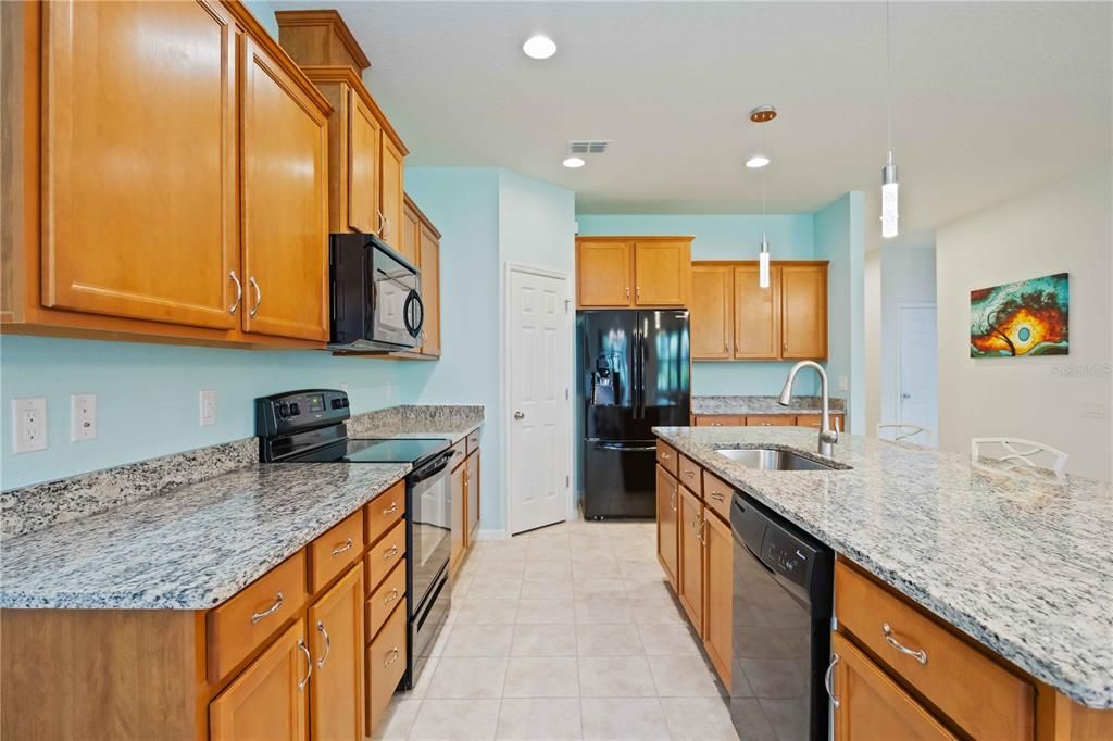 Wood cabinets, granite counters, walk-in pantry all to please the chef in the house!