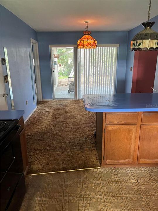 view from kitchen to dining room and patio