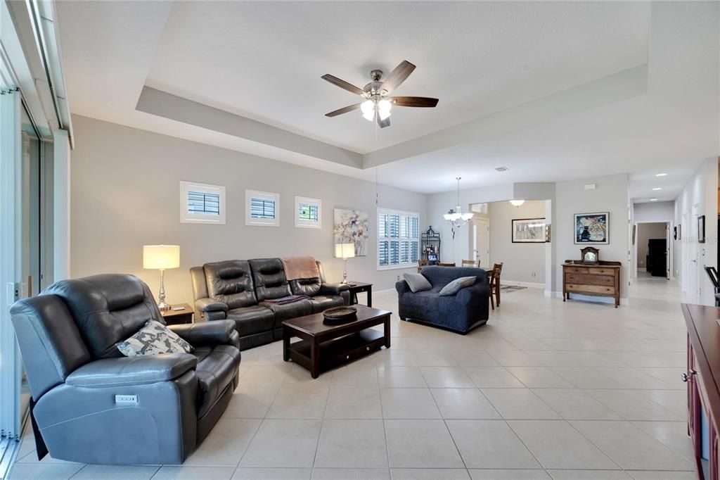 Large living room with tray ceilings