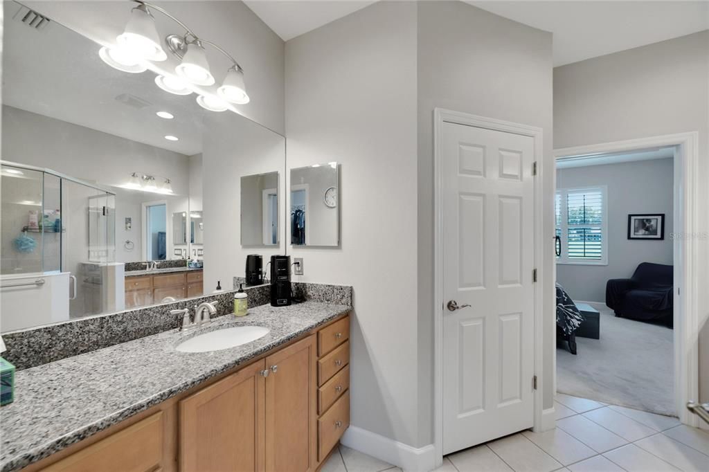 Second vanity with loads of counter space and private toilet room