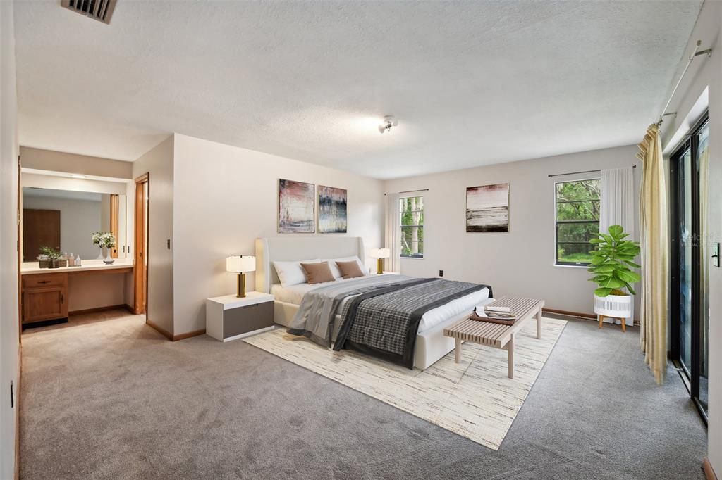 The guest bedrooms are on the opposite side of the home from your generous PRIMARY SUITE creating a tranquil retreat with its own access to the lanai/pool and a private en-suite bath with separate vanity area. Virtually Staged.