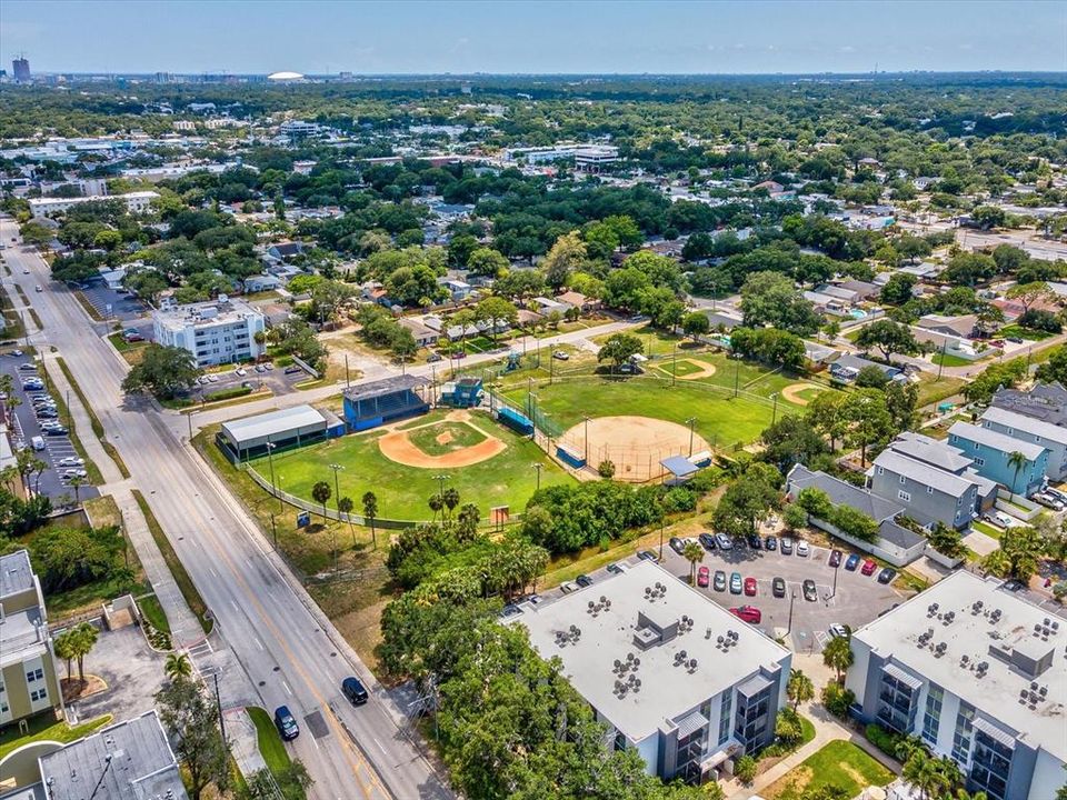 View to the Southwest over the St Petersburg Little League located across the street from Winston Park Northeast Condos.