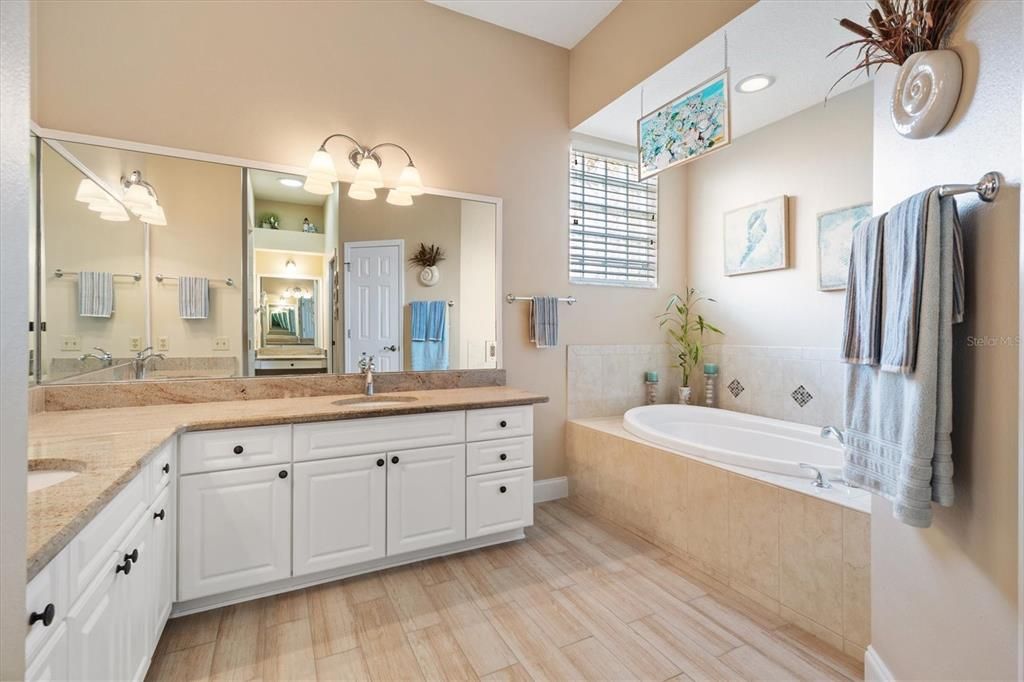 Master bathroom. Large dual sinks with plenty of storage underneath.