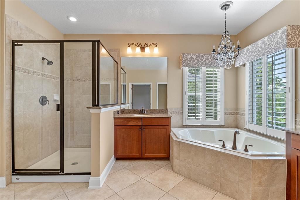 Large ensuite bath with separate tub and shower.