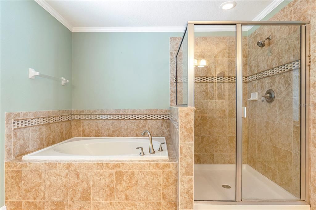 Primary soaking tub with walk in shower