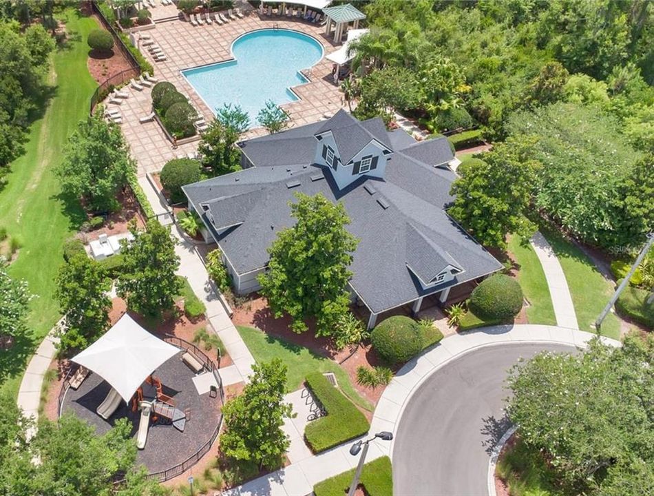 An overview of the clubhouse, pool and playground.