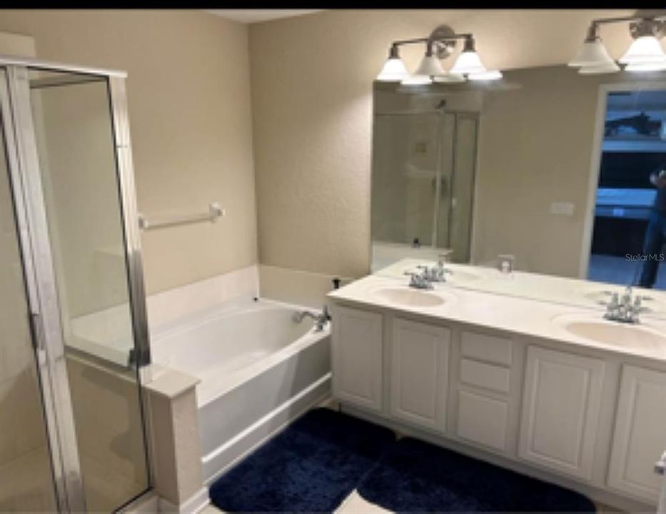 Master bath with dual sinks, a garden tub and shower.