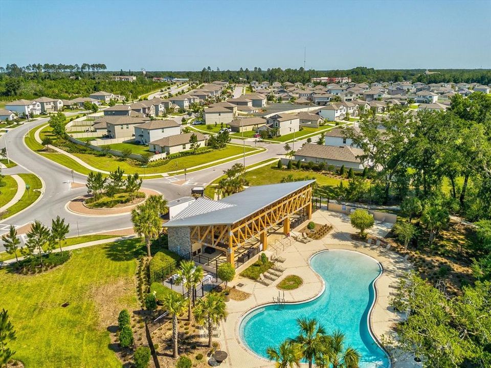 Aerial view of the community pool and pavilion areas