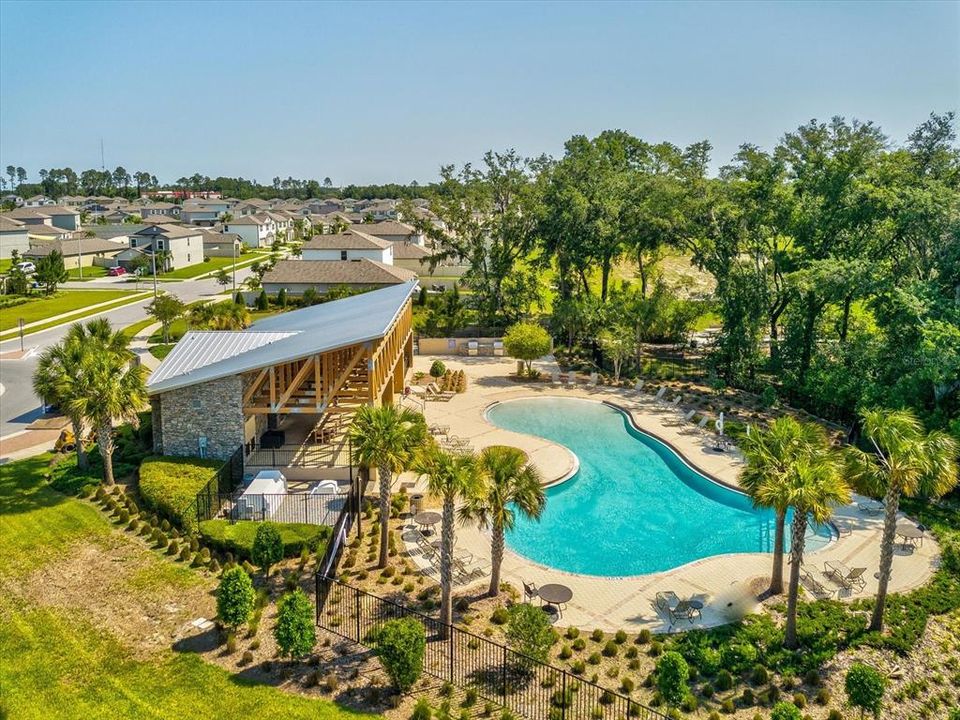 Aerial view of the community pool and pavilion areas