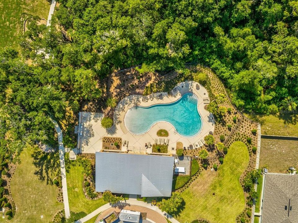 Aerial view of the community pool and pavilion areas