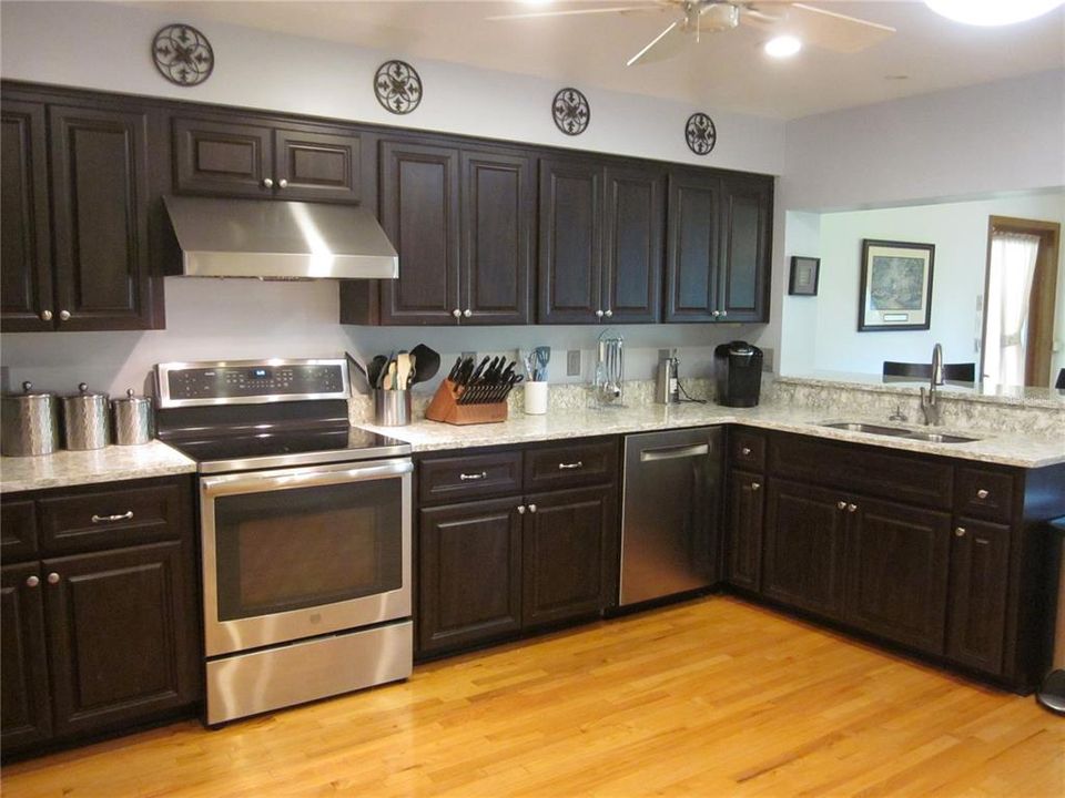 Spacious remodeled Kitchen: Quartz counters, stainless steel appliances & recessed lighting.