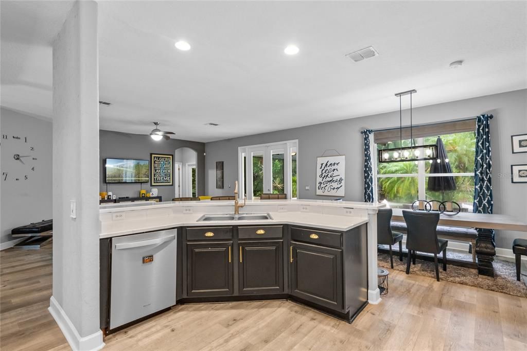 View from the refrigerator.   Large  Dinette for a full table.