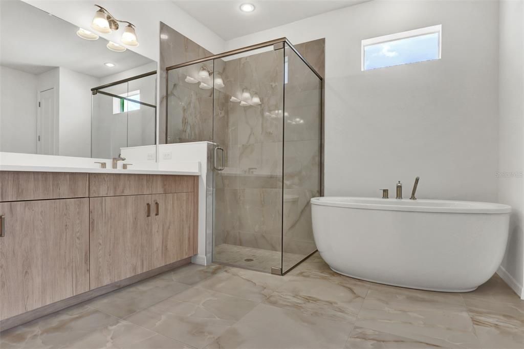 Luxe primary bathroom with free-standing Kohler soaking tub and luxe walk-in shower