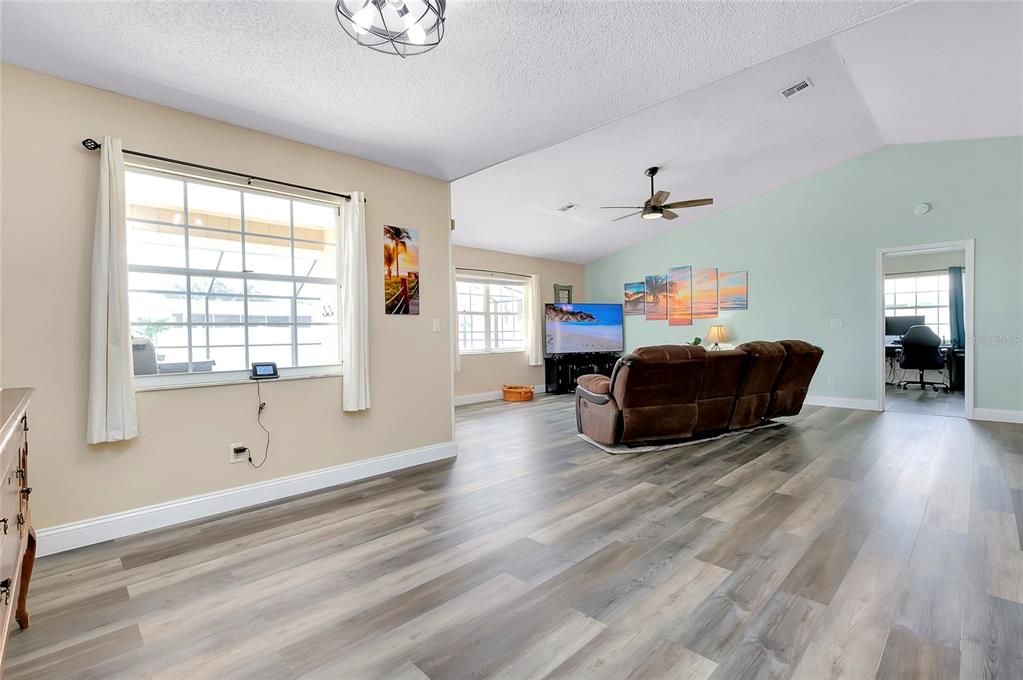 Cathedral ceilings in living room.