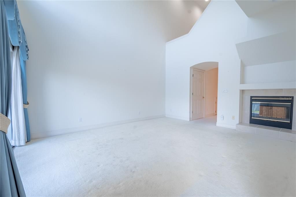 The living room features architectural details and a wood burning fireplace.