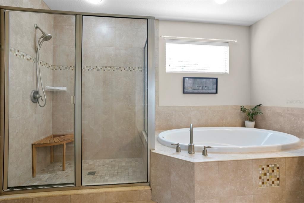 Large walk-in shower and Jacuzzi garden tub in the primary bath