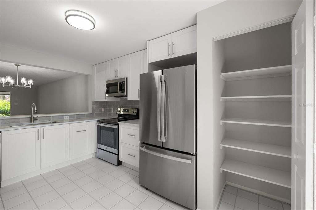 Large pantry with view of new cabinets, quartz countertops