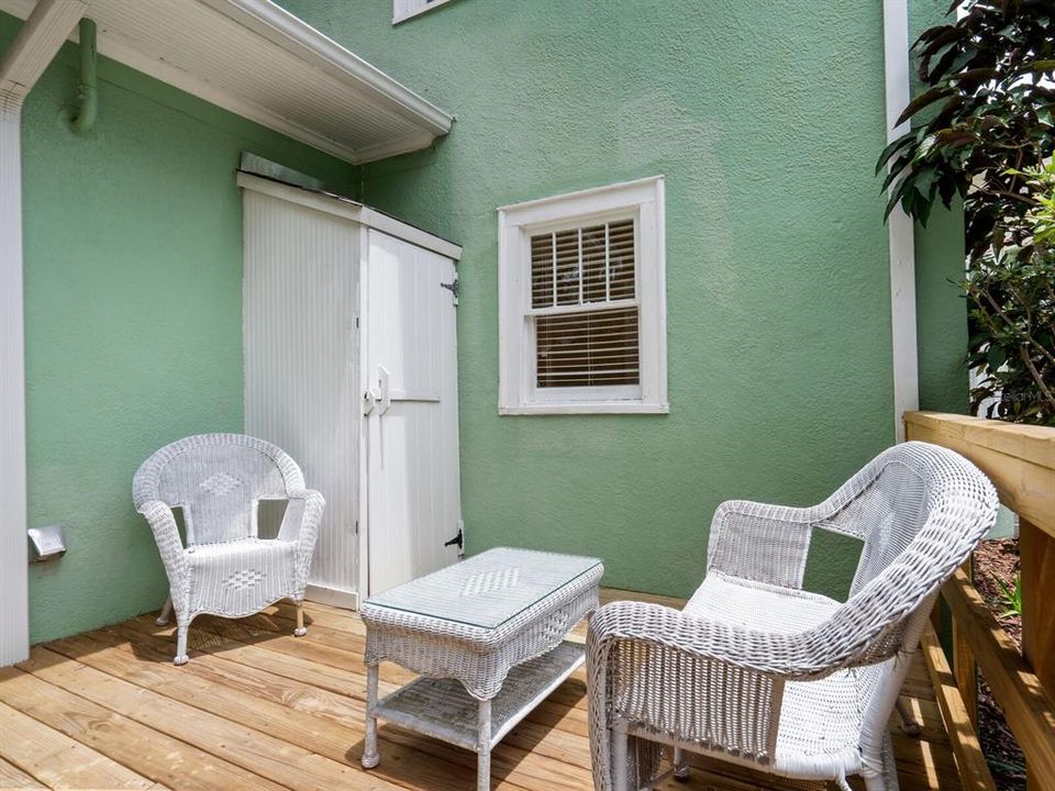 Wood deck at rear of home.