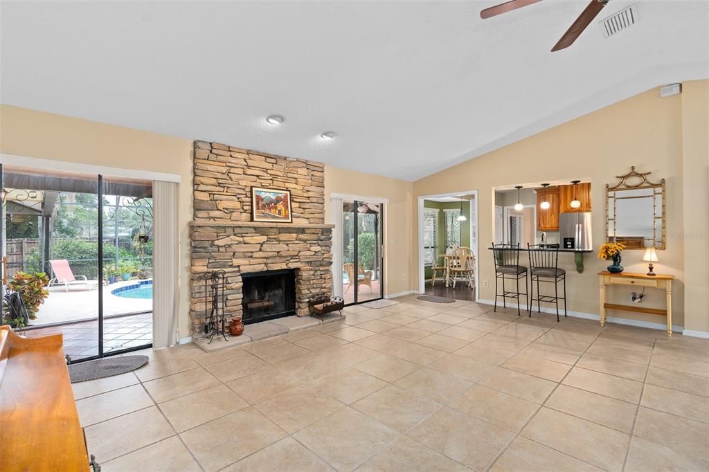 Wood burning fireplace in great room