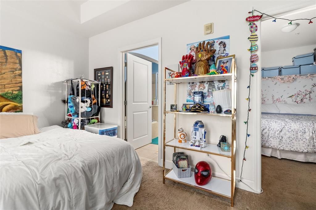 The primary bedroom offers a tray ceiling and a spacious walk-in closet