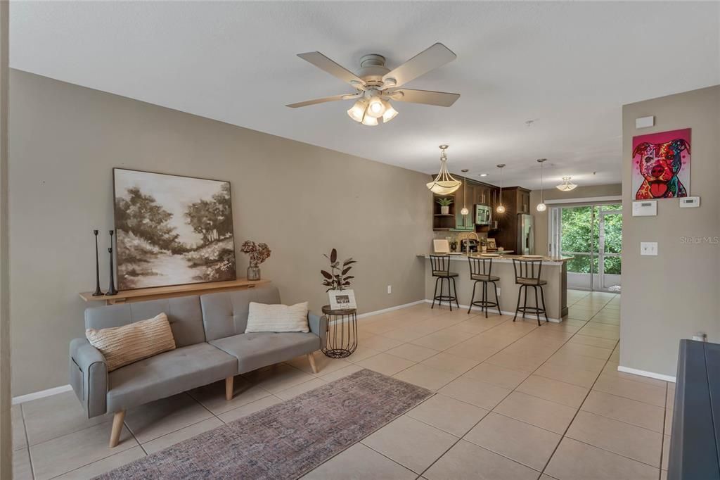 View from main entrance into living room, dining room, and kitchen