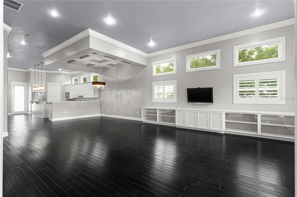 Dining Area. Coffered ceiling with chandelier