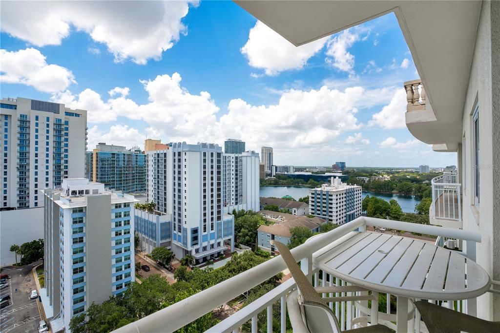 The wrap around balcony features breathtaking views of both Lake Eola & the downtown Orlando City Line making this your ideal escape for your morning coffee or favorite evening libation.