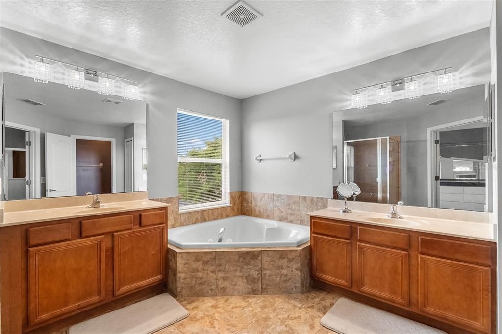 Owner's Suite Bathroom with garden Tub and Separate Shower. Love the split cabinets giving space to each individual. Bathroom overlooks pool/pond.