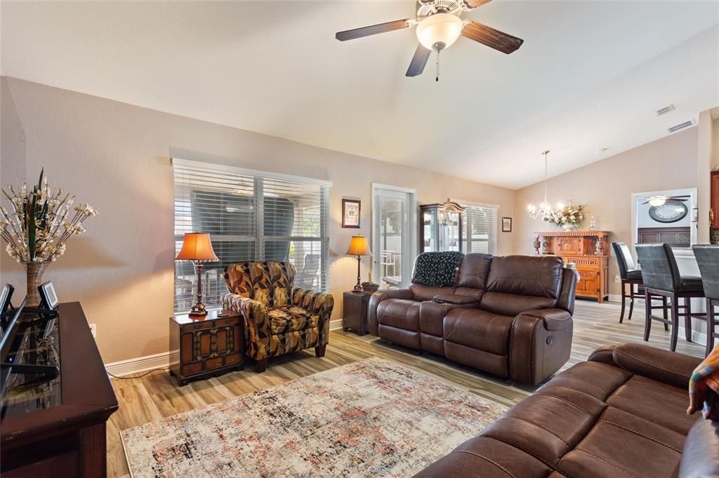 Great Room facing dining room and kitchen