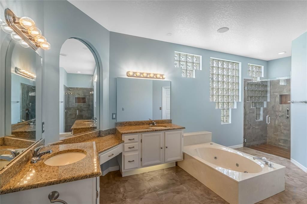 Large Owner's Suite Bathroom with Dual Cabinets, Whirlpool Tub (Calgon take me away) and Separate Shower. Vanity for putting on the makeup or messing with the hair. Just So Much SPACE!