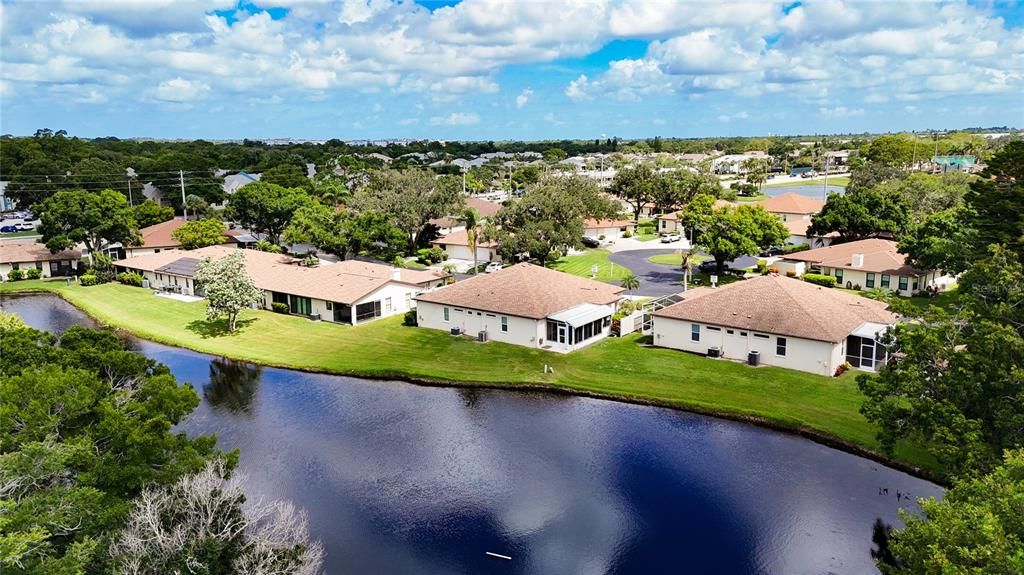 Aerial of the lake and villa.