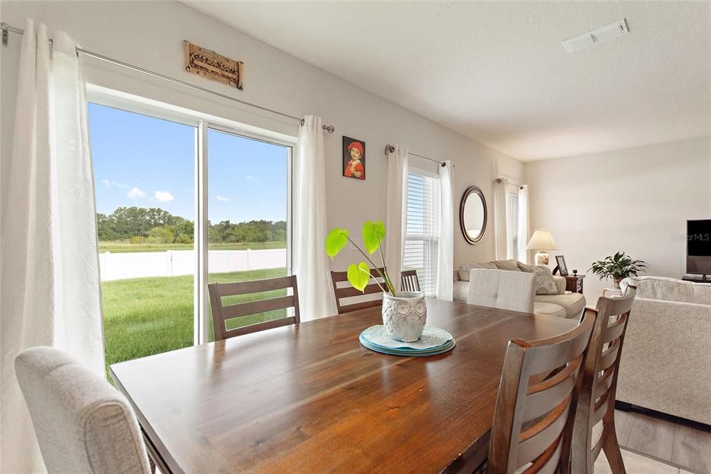 Eating space open to sliding glass doors