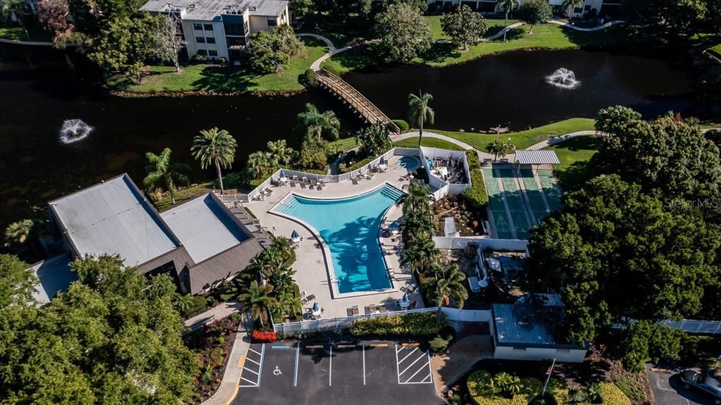 Aerial View,l Bridge, Clubhouse, Pool, Shuffleboard Courts