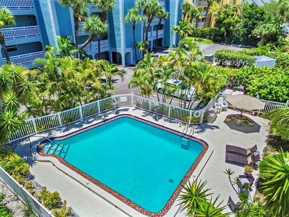 Lushly landscaped pool area