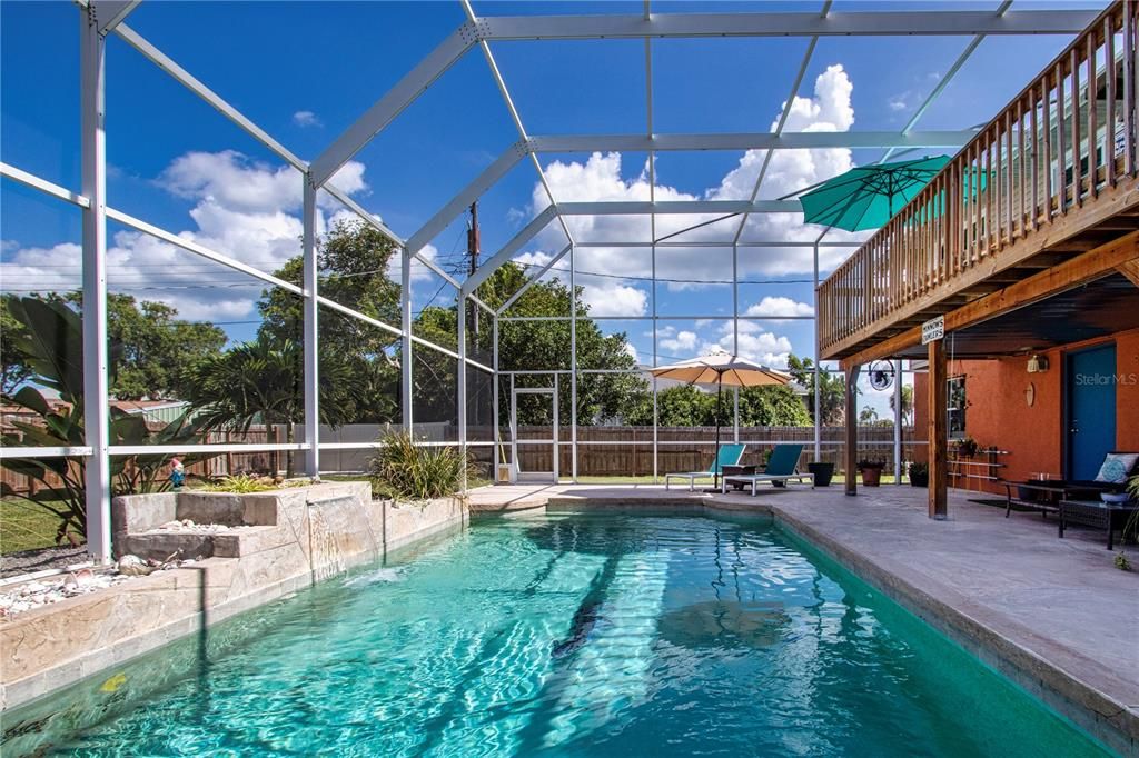 2 Story Cage - Stamped Pool Deck - Water Feature