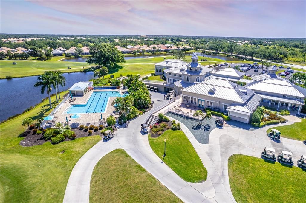 Overview of the Clubhouse with lap pool, pro shop, fitness area