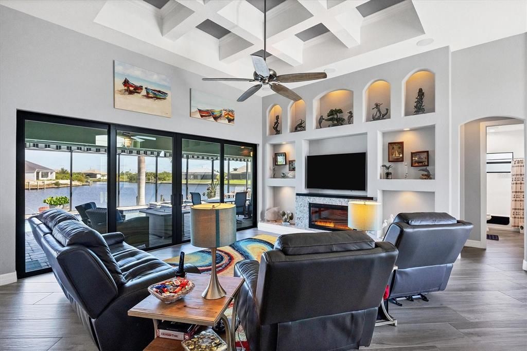 Great Room with stunning coffered ceilings